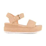 Sandalias de plataforma color celeste con textura trenzada, tira ancha sobre los dedos y tira con hebilla al tobillo.