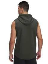 Buzo sin mangas para hombre, color verde oscuro, con capucha y logo estampado en el pecho.