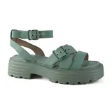 Sandalias de cuero color verde con plataforma y hebillas ajustables.