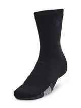 Medias deportivas de caña media, blancas con degradado celeste en el borde superior y detalles en gris en la puntera y el talón. Logo de Stephen Curry en el lateral.