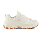 Zapatillas deportivas color crema con parte superior de cuero liso y sintético, tecnología de plantilla Skechers Air-Cooled Memory Foam para comodidad.
