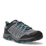 Championes de trekking Merrell Crosslander 3, color gris con detalles en negro y celeste. Confeccionados en cuero de gamuza y malla transpirable, con tecnología Merrell Air Cushion en el talón y lengüeta con fuelle.