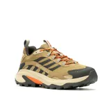 Championes de senderismo Merrell Moab Speed 2, color marrón con detalles en negro y naranja. Capellada de malla técnica y TPU reciclado, cordones y correas recicladas, cuello acolchado, forro de malla reciclada, plantilla de espuma EVA reciclada, entresuela de espuma FloatPro y suela Vibram TC5+.