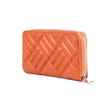 Billetera naranja con diseño acolchado y logo XL en el centro.