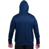 Campera deportiva azul marino con cierre frontal, capucha con cordón ajustable y mangas largas con franjas blancas.
