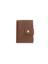 Billetera metálica color marrón claro, con tecnología de bloqueo RFID y botón de acceso rápido para tarjetas.