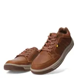 Zapato acordonado de cuero color marrón con detalles en gamuza en el talón. Suela de goma color beige y marrón.