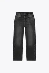 Jeans tobilleros de tiro alto color gris oscuro, corte recto y cinco bolsillos.