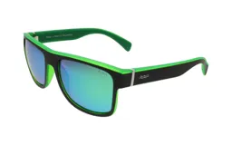 Lentes de sol con marco verde y lentes reflectantes, diseño moderno y envolvente.