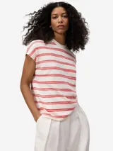 Camiseta de algodón con jacquard de rayas horizontales asimétricas, cuello redondo y mangas cortas con hombro caído.