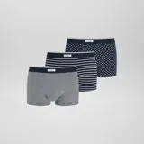 Pack de 3 boxers elásticos en tonos azul, con diferentes patrones a rayas y puntos.