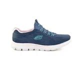 Championes deportivos Skechers Summits Fun Flair Wide Fit para mujer, color azul marino con detalles en celeste y rosa. Capellada de malla técnica jaspeada, cordones elásticos y plantilla Skechers Memory Foam.