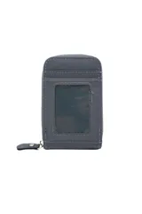 Billetera pequeña de tela color azul marino con cierre de cremallera y tirador de cuero.