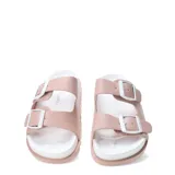 Sandalias de niña con estampado de margaritas, color lila, con hebillas ajustables y suela de goma color rosa.