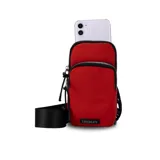 Bandolera porta celular color rojo con dos compartimentos con cierre y correa regulable de tela negra.