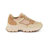 Zapatillas deportivas de mujer color beige con detalles en marrón, diseño cómodo y versátil.