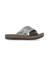 Sandalia baja con tiras cruzadas de cuero metalizado plateado y cuero negro, plantilla acolchada de cuero y suela cosida ultra flexible.