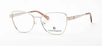 Armazón para lentes Laura Biagiotti modelo 71, color plateado con detalles en marrón claro en las patillas. Diseño de metal con forma rectangular redondeada.