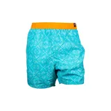 Short de baño aqua con estampado geométrico en tonos blancos y cintura elástica.