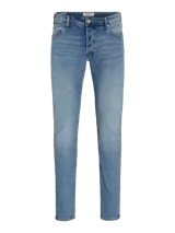 Jean de cinco bolsillos de calce slim fit con tiro bajo, rodilla ajustada y abertura de pierna ceñida. Tejido de sarga super stretch azul denim.
