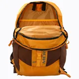 Mochila unisex amarilla y marrón de 22 litros, fabricada en poliéster ripstop repelente al agua. Cuenta con cinturón lumbar, respaldo acolchado, cinta daisy chain, bolsillos laterales para botellas, ajuste de pecho con silbato y bolsillo para llaves en la hombrera. Incluye cobertor impermeable de alta visibilidad.