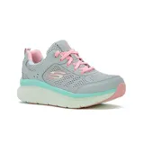 Zapatillas deportivas Skechers Relaxed Fit®: D'Lux Walker - Infinite Motion, color gris con detalles en rosa y celeste. Capellada de cuero tratado y malla, con plantilla Air Cooled Memory Foam y entresuela Skech-Foam.