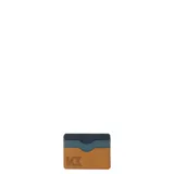 Billetera de cuero marrón camel con detalles en azul y tres ranuras para tarjetas.
