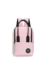Mochila color rosa con detalles en negro y logo en verde agua.