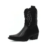 Bota texana corta de cuero sintético negro con bordados blancos en el lateral de la caña.