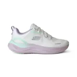 Championes deportivos Skechers Skech Cloud Gentle Glow, color blanco con detalles en lila y verde agua. Capellada de malla técnica, cordones, media suela con amortiguación y plantilla Skechers Air-Cooled Memory Foam.