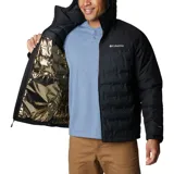 Campera Columbia Grand Trek II Down para hombre, con capucha y cierre frontal. Diseño color block en negro y marrón.
