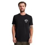 Remera negra de manga corta con cuello redondo y estampado pequeño en el pecho con un logo de Roark con una palmera y la palabra "Roark" en letras curvas.