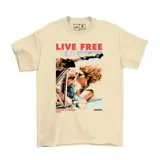 Remera color crema con estampado de la película Thelma y Louise, con la frase "Live Free or Die" y el logo de la marca Emexem.