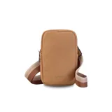 Bandolera color marrón claro de cuero sintético, con cierre superior y correa regulable de galón en tonos combinados. Bolsillo trasero tipo sobre.