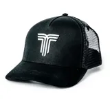 Gorro negro con bordado blanco de la marca Tiffosi, estilo trucker con malla trasera.
