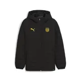 Campera puffer negra con capucha, cierre frontal y bolsillos laterales con cierre. Logo de Puma bordado en amarillo en el pecho izquierdo y escudo del Club Atlético Peñarol bordado en amarillo en el pecho derecho.