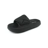 Sandalias tipo slide color negro con tira ancha ajustable con velcro.