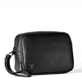 Neceser rectangular de cuero sintético negro con doble cierre superior y correa de mano.