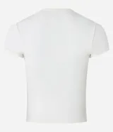Blusa blanca de poliamida con cuello redondo y mangas cortas.