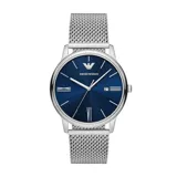 Reloj Emporio Armani modelo AR11571, con caja plateada de acero inoxidable de 42mm y esfera azul con acabado sunray. Tiene manecillas e índices plateados, ventana de fecha a las 3 en punto y correa de acero inoxidable plateada con cierre desplegable.