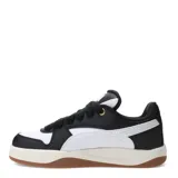 Championes Puma Park Luna de cuero sintético blanco con detalles en negro y suela de goma color caramelo.
