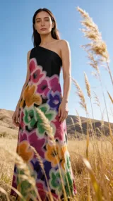 Vestido midi asimétrico de un solo hombro, con estampado floral pictórico en tonos vibrantes sobre fondo negro.