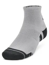 Pack de tres pares de medias deportivas unisex Under Armour Performance Tech, corte tobillero, en color blanco, gris y negro.