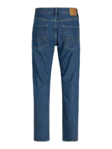 Pantalón de jean azul de corte recto, con tiro alto, cinco bolsillos y cierre con botón. Tejido de sarga con acabado stonewash.