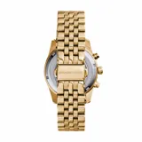 Reloj Michael Kors modelo Lexington dorado con cronógrafo, caja de 38 mm, cristal mineral resistente, cierre desplegable y resistencia al agua hasta 100 metros.