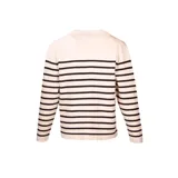 Sweater de punto color crema con rayas horizontales negras, cuello polo con escote en V y mangas largas.