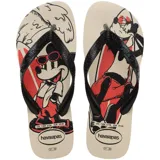 Ojotas Havaianas con estampado de Mickey y Minnie Mouse sobre una tabla de surf.