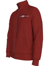 Buzo rojo con cuello alto, cierre de cremallera, dos bolsillos delanteros tipo canguro y logo de Tommy Hilfiger bordado en el pecho.
