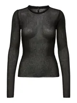 Top negro de tejido de punto acanalado con transparencias, cuello redondo y mangas largas.