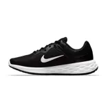 Championes de running Nike Revolution 6 NN, color negro con logo azul y suela blanca.